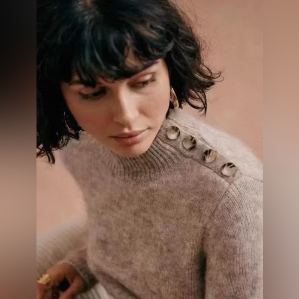 NEW Sezane Polly Button-Shoulder Sweater Dress in Mottled Beige